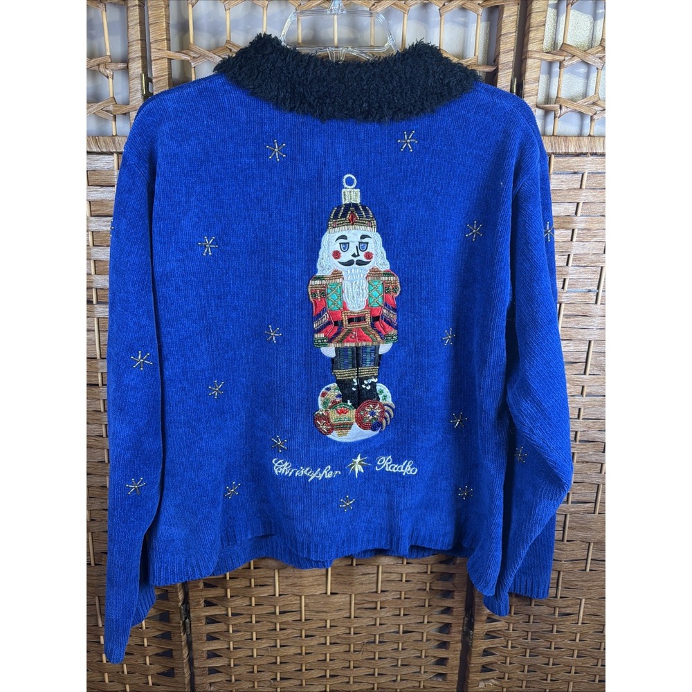 VTG Christopher Radko Christmas Zip Up Cardigan XL Beaded Nutcracker Blue - Picture 12 of 14